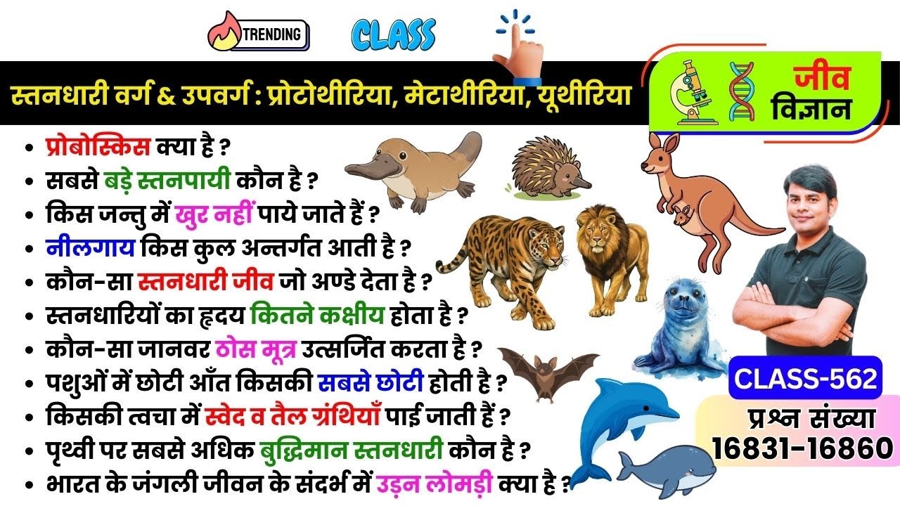 562. वर्गिकी : स्तनधारी वर्ग- प्रोटोथीरिया, मेटाथीरिया, यूथीरिया, Biology Quiz, Study91 Nitin Sir