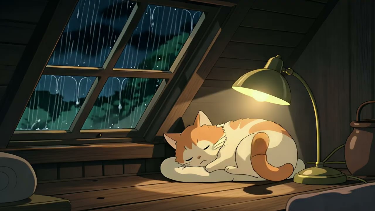 Cozy Attic Rainy Night with Sleeping Cat & Warm Lamp Light Soothing Piano Music for Deep Sleep