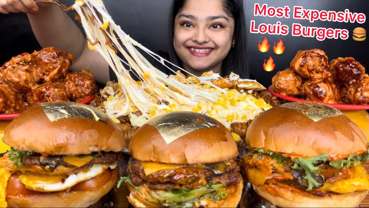 MOST EXPENSIVE LOUIS BURGERS, CHEESY BLACKBEAN NOODLES WITH CORN AND EGGS,SPICY KOREAN FRIED CHICKEN