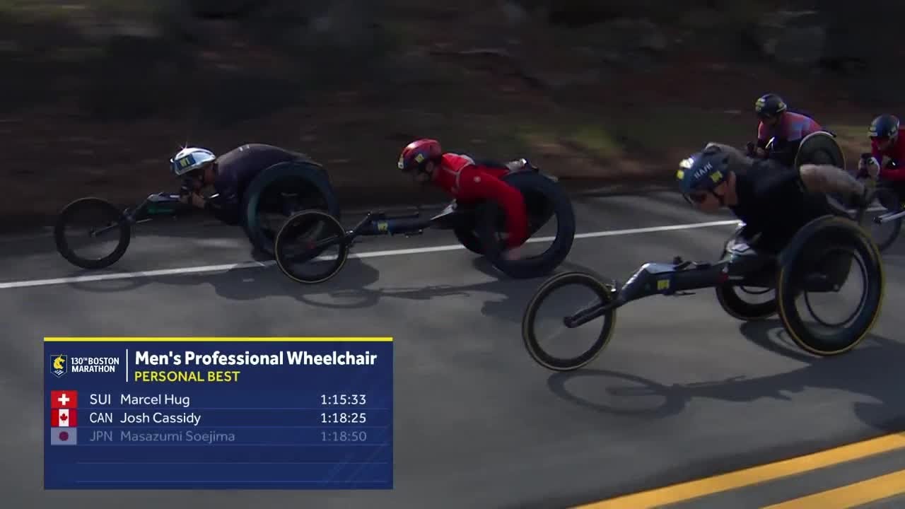 Men's professional wheelchair racers start 130th Boston Marathon