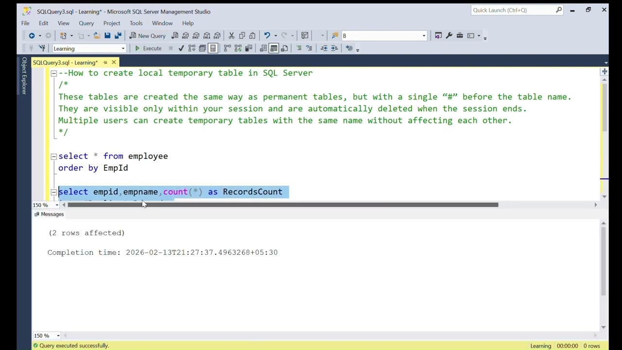 How to create local temporary table in Microsoft SQL Server | LOCAL TEMPORARY TABLE #sqlserver