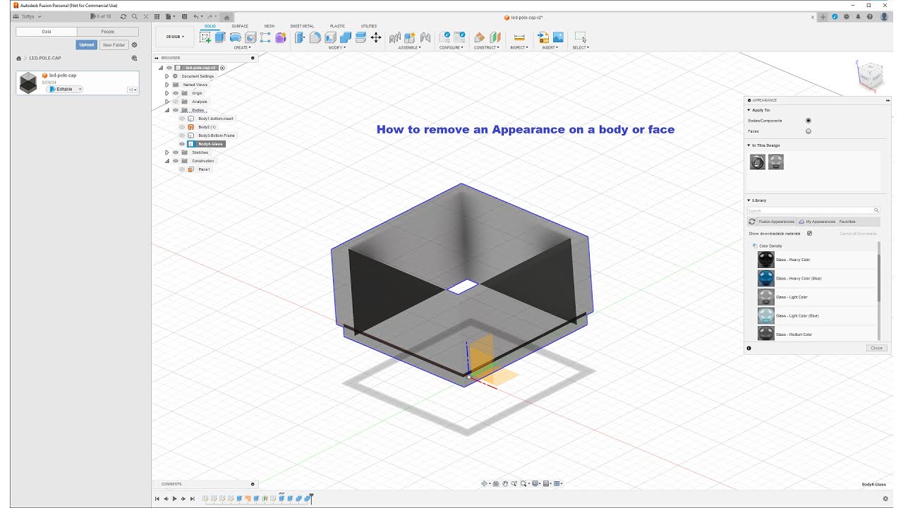 Fusion 360 — Как удалить цвет или текстуру внешнего вида с объекта тела или лица.