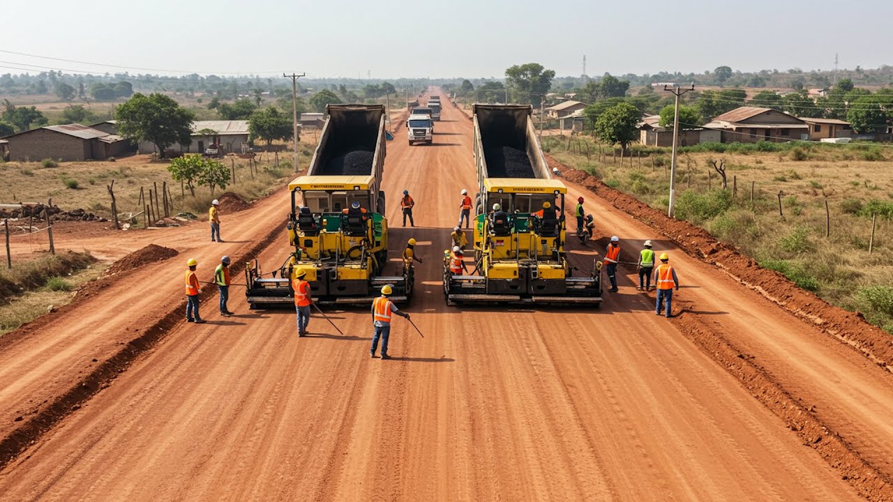 Massive Road Construction: Two Gravel Pavers Operating Side-by-Side on a New Highway Project