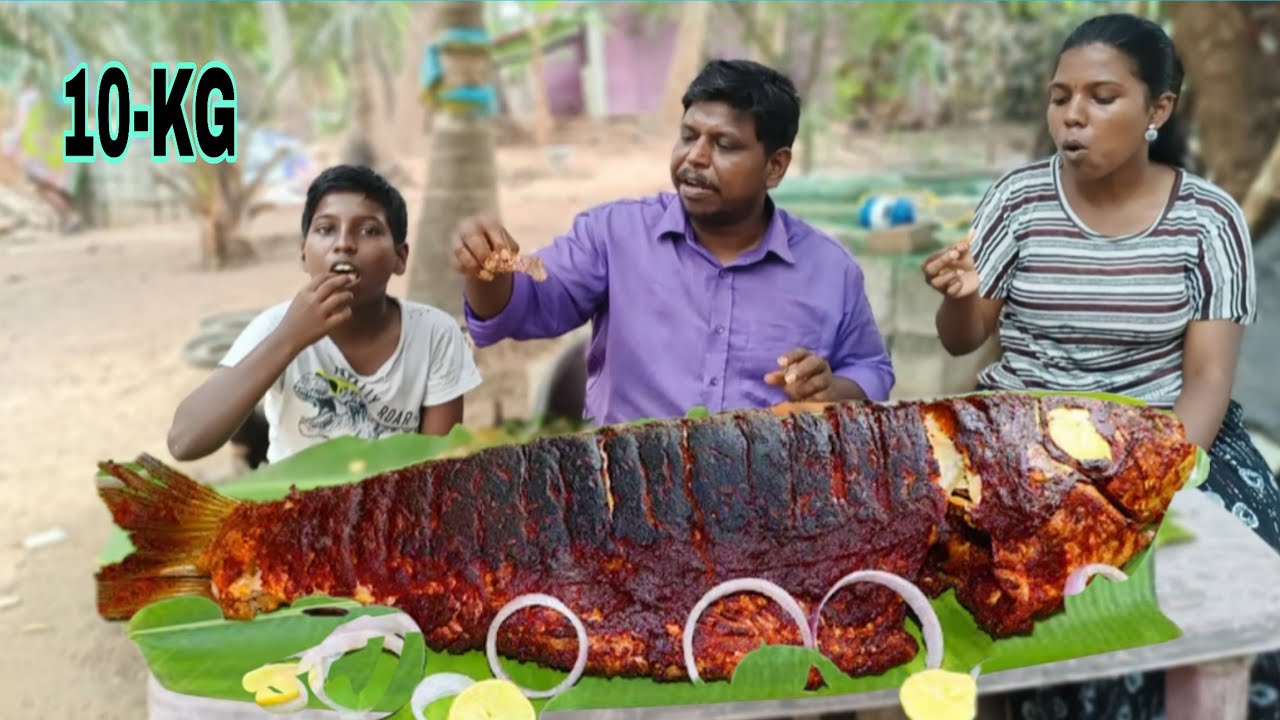 10 kg village style tandoori katla large single fish cooking and eating children&daddy