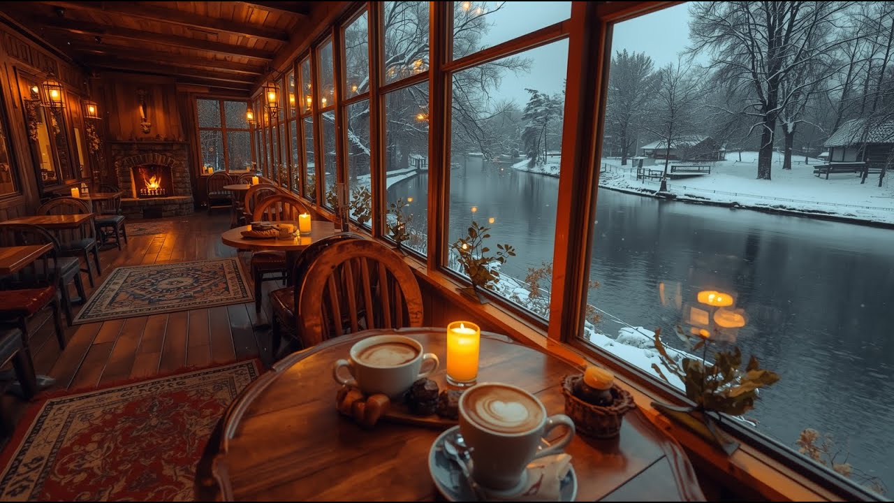 Cozy Irish Café ☕ Relaxing Piano Jazz, Fireplace Warmth & Snowy River Ambience