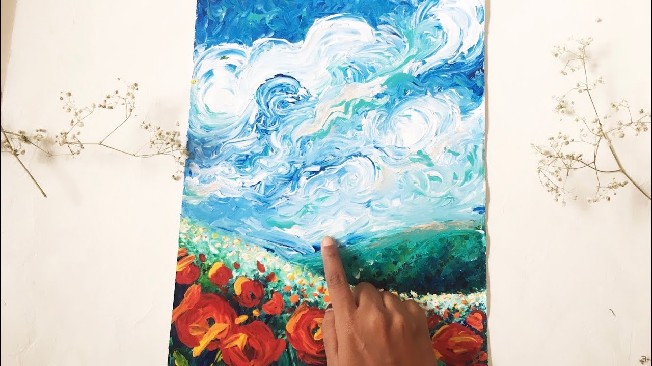 Acrylic Finger Painting For Beginners |  Flower Field Landscape Painting