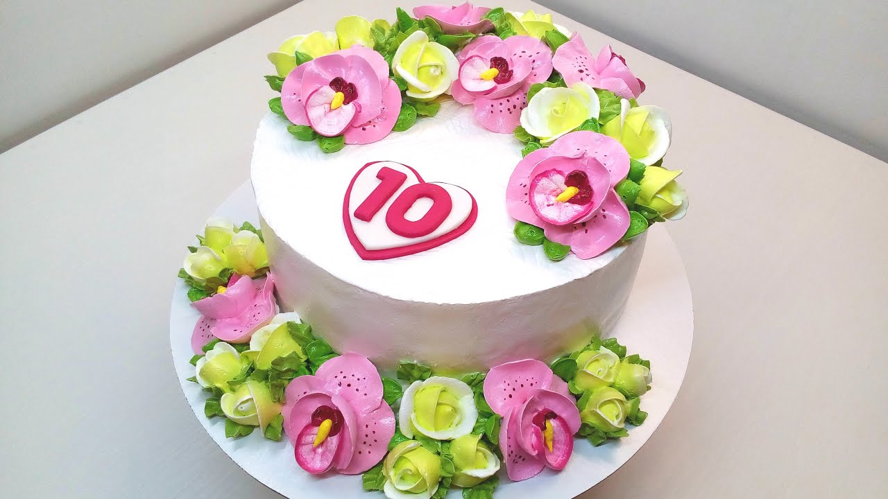Торт с Орхидеями и Розами(крем БЗК). /Cake with orchids and roses(protein custard).