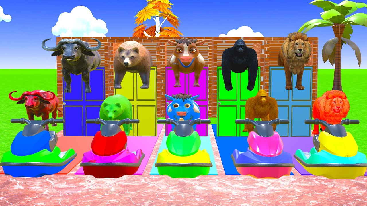 Long Slide Game with Cow Elephant Gorilla Hippopotamus Tiger  3D Animal Game Funny 3D Animals