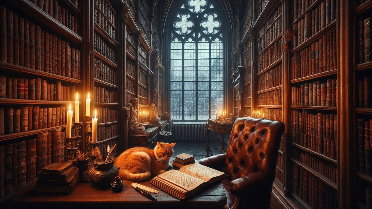 Cozy Ghent Library at Night 🇧🇪 Sleeping Cat & Soft Piano | Dark Academia Ambience 