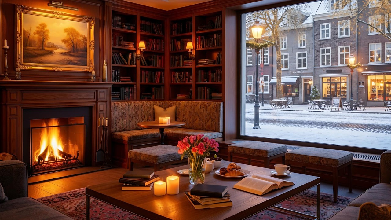 Warm Piano Jazz By The Fireplace | Gentle Jazz With Peaceful Lakeview For Work, Study, Focus