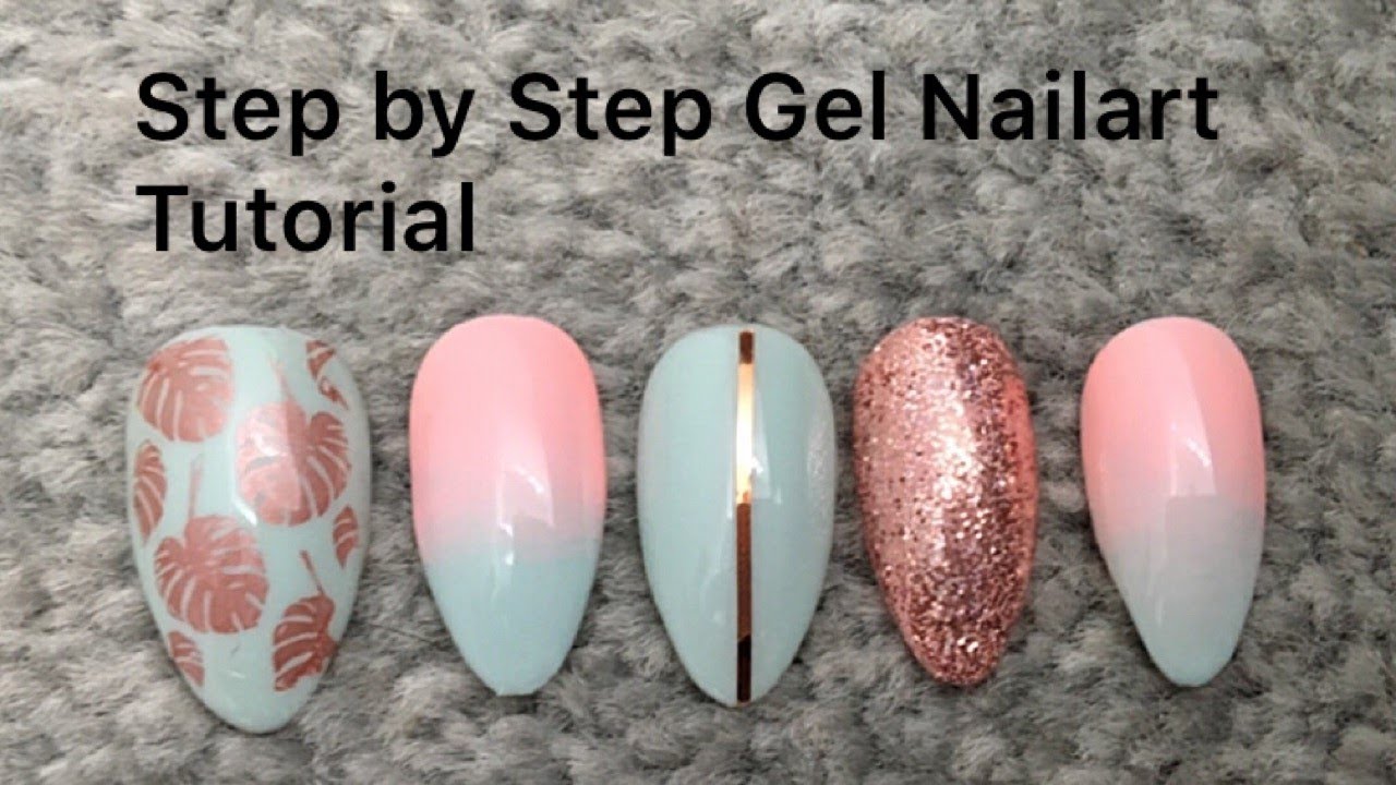 Summer Ombre Gel Polish Nails with Rose Gold stamp, glitter and striping tape!