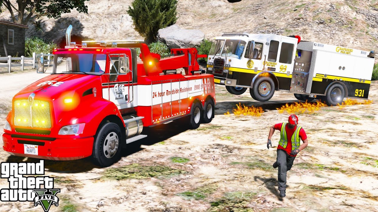 GTA 5 Real Life Mod #278 Heavy Wrecker Tow Truck Towing A Firetruck That Caught On Fire