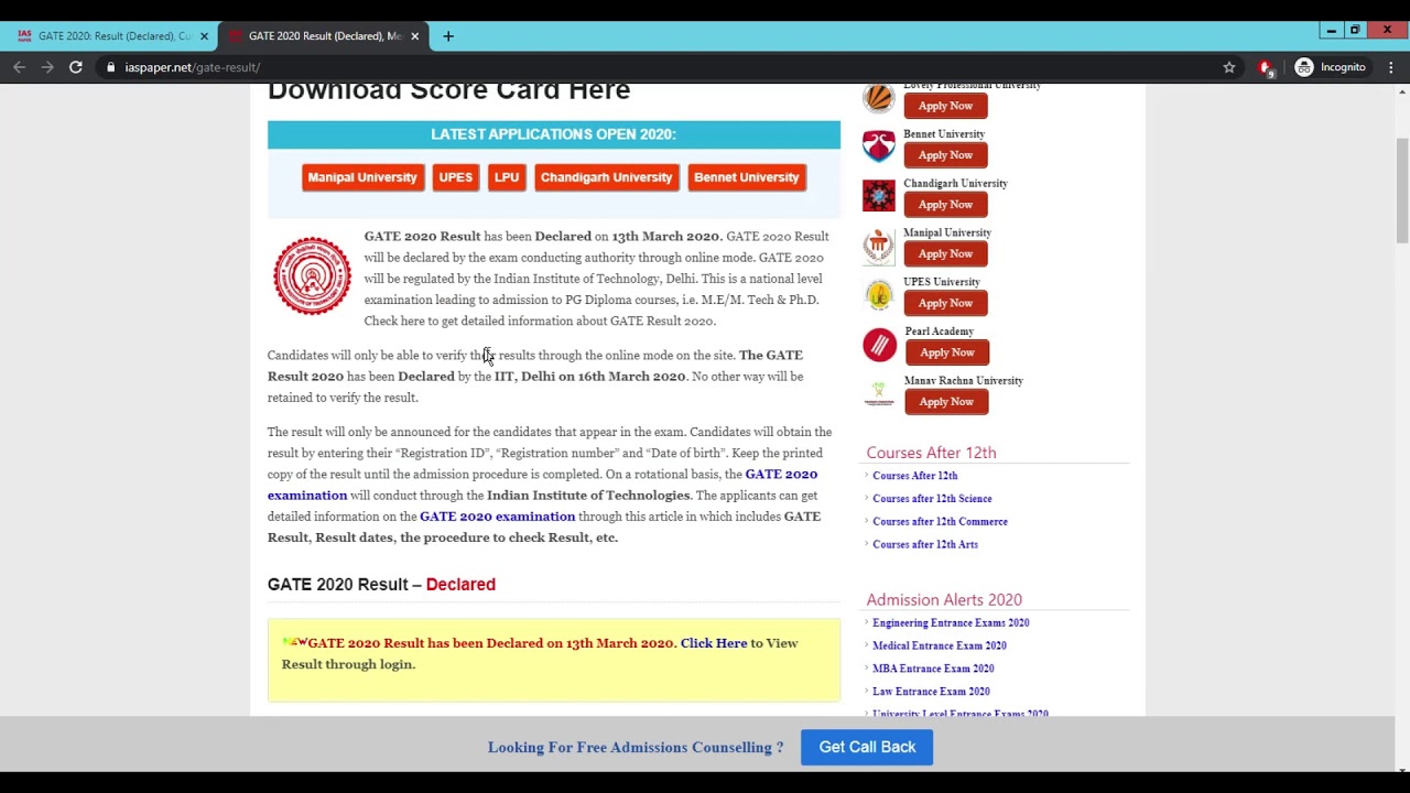 GATE 2020 Result  (Declared) - Check Here How to Download or View