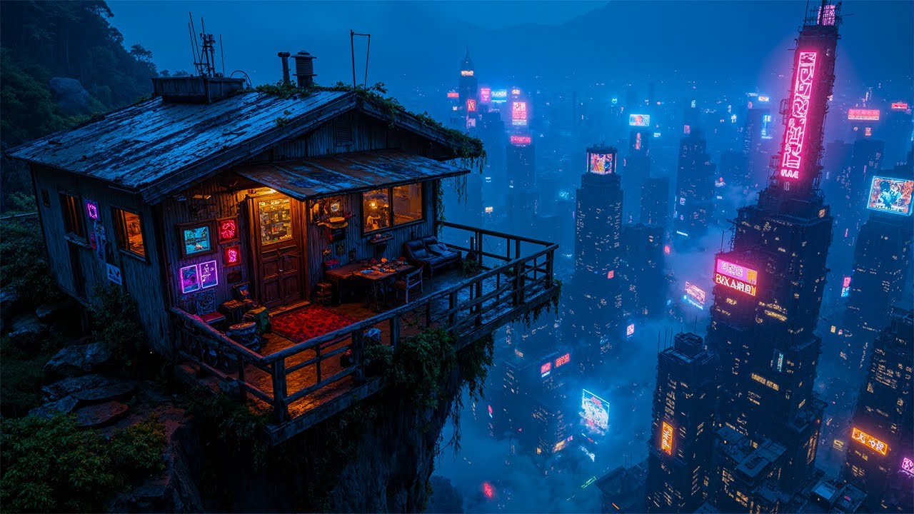 Cyberpunk Cliffside Cabin 🌌 Neon Megacity Night View | Futuristic Cozy Hideaway | 4K