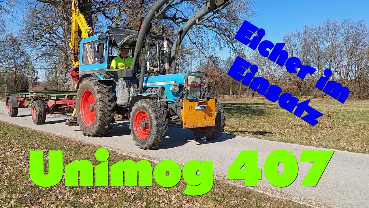 Unimog 407 Holztransport mit dem Eicher Königstiger II, Griesser HK 4000 und Holzanhänger