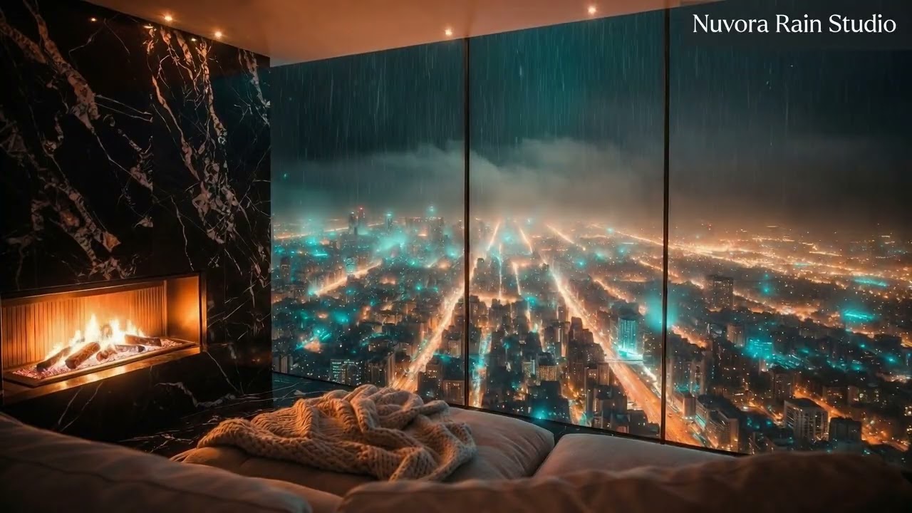 Rain on Window at Night | Luxury Bedroom Fireplace for Deep Sleep 