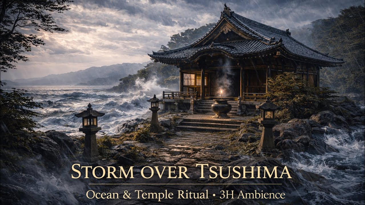 Japanese Temple on Tsushima Island – Storm & Ocean Ambience | 3 Hours | Free Background Music