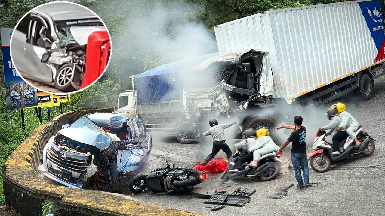 INNALILLAHI !!! Detik Detik Mengerikan Pemotor Terjatuh, Truk Dan Mobil Remuk Akibat Insiden Fatal