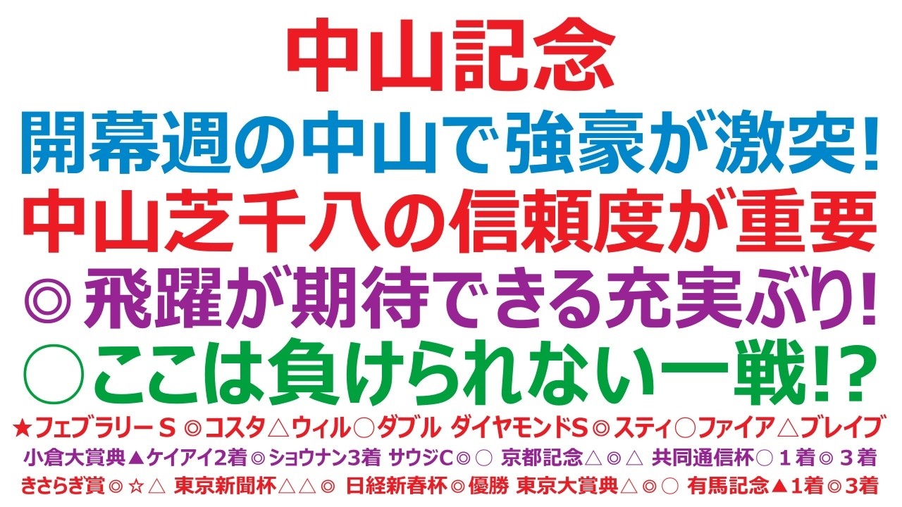 中山記念2026予想　開幕週の中山で強豪が激突！中山芝1800ｍの信頼度が重要になります。◎これからの飛躍が期待できる充実ぶり。○ここは負けられない一戦です。▲想像以上に強くなっている可能性あり。