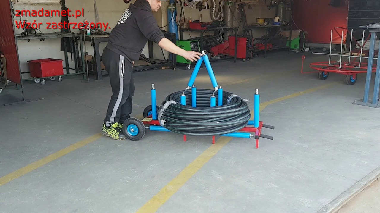 Mobilny, rolkowy rozwijak do rur HDPE, PE, PERT, PEX