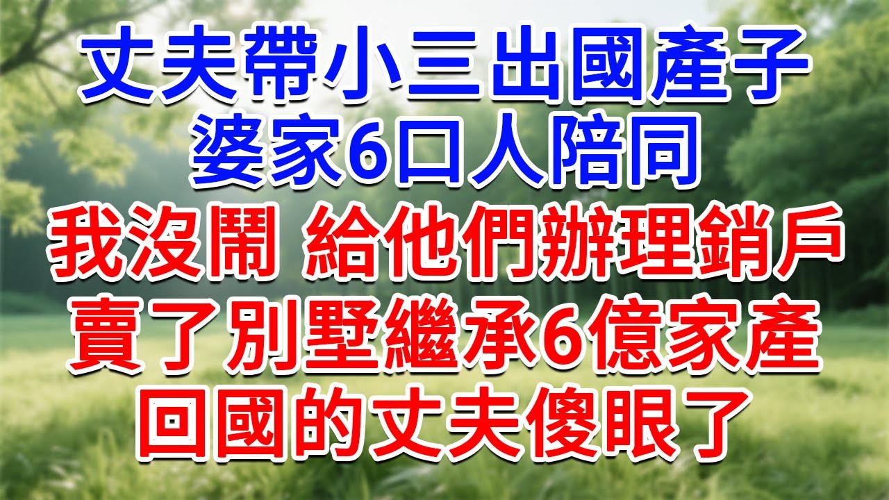丈夫帶小三出國產子，婆家6口人陪同，我沒鬧 給他們辦理銷戶，賣了別墅繼承6億家產，回國的丈夫傻眼了#為人處世#生活經驗#情感故事#故事#小說#戀愛#情感#婚姻