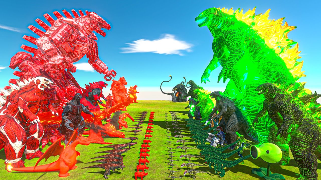 Team Red + Mechagodzilla 2021 VS Godzilla + Team Green - Animal Revolt Battle Simulator