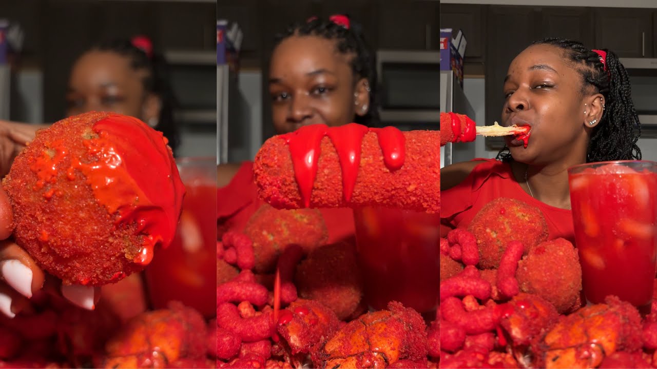 RED Food Mukbang! Жареный лобстер с горячими Cheetos, корейские корн-доги, шарики будэн и многое ...