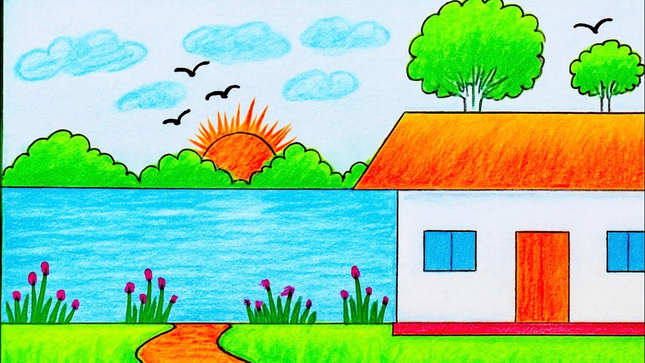 Easy Scenery Drawing with Pencil and Color Pencils | Beautiful Village House Drawing