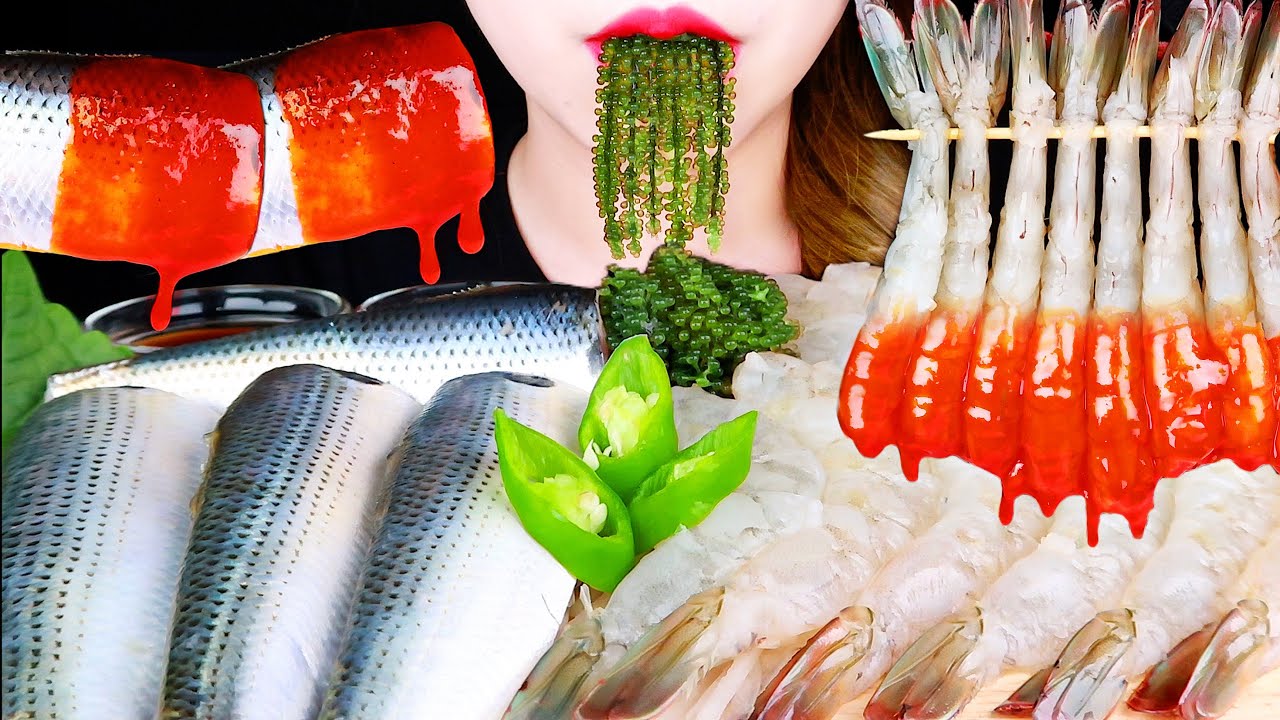 ASMR RAW SEAFOOD *SHRIMP, GIZZARD SHAD, SEA GRAPES 전어회, 생새우, 바다포도먹방 EATING SOUNDS MUKBANG 咀嚼音
