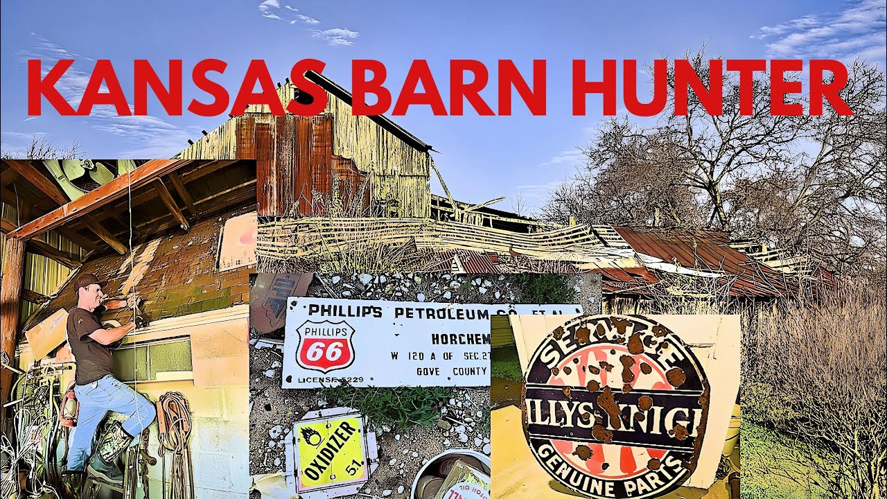 KANSAS BARN TREASURE HUNT - ANTIQUE AUTO OIL CANS , OIL WELL SIGNS, OLD AUTOMOTIVE MEMORABILIA