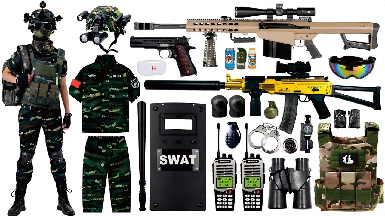 Unboxing Special Forces toy set, including Barrett sniper rifle, AK74 rifle, and Uzi submachine gun