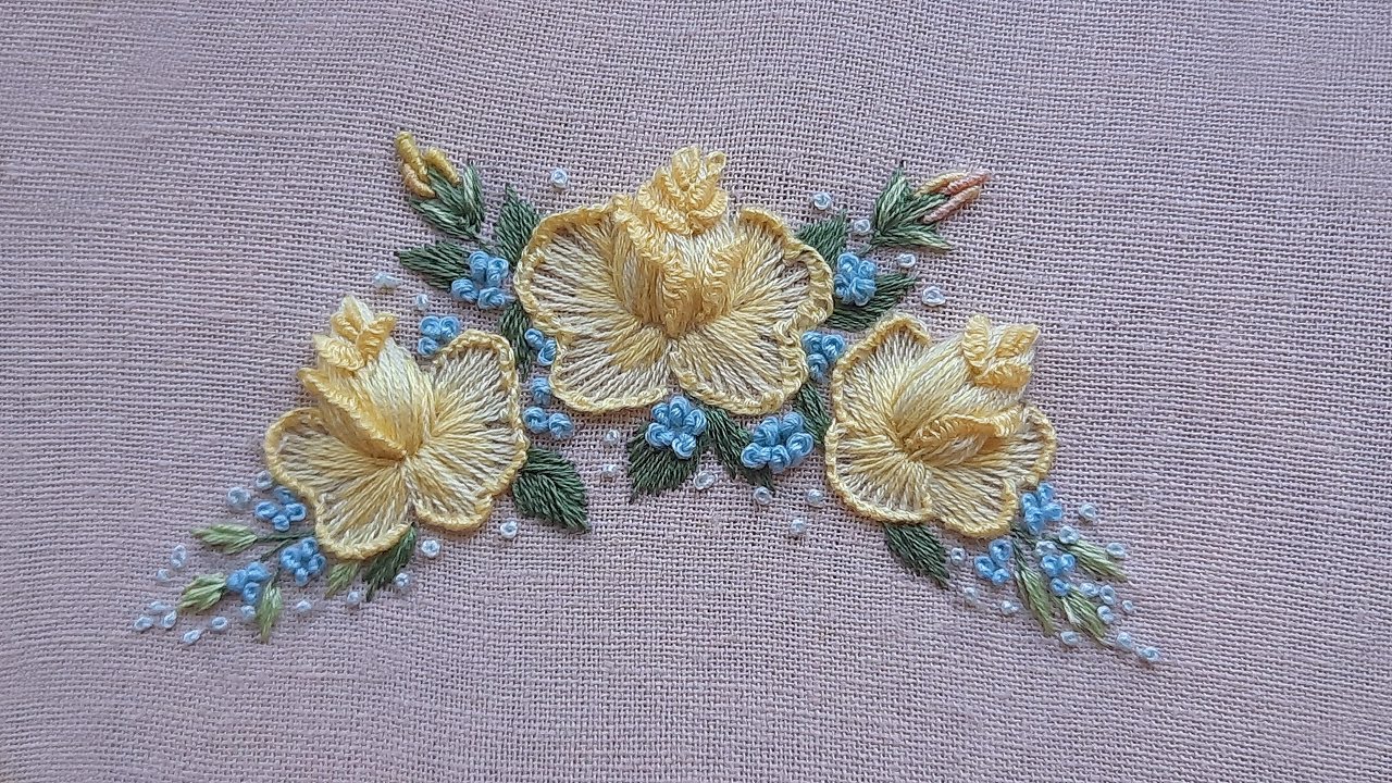 3D Roses Embroidery - Graceful bouquet Yellow roses and forget-me-nots