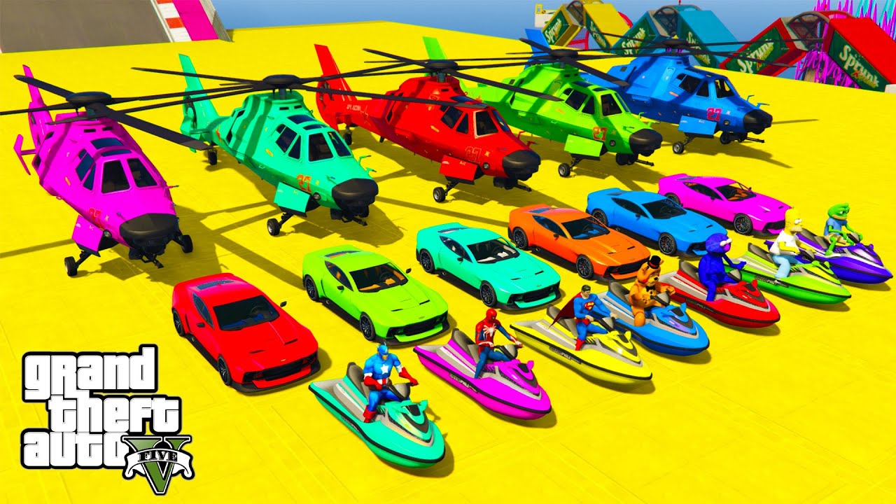 GTA V Crazy car racing Spiderman! With super car, helicopter, boats! Epic Stunt Card for Superheroes