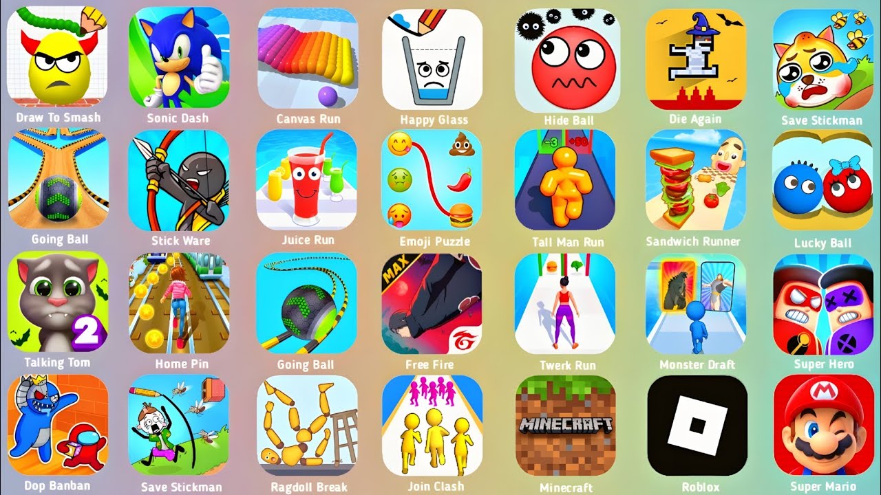 Draw to Smash,Lucky Balls,Vehicle Master,Mega Ramp,Red Ball 4,Super Mario 3D,Poppy Playtime,Hole.io