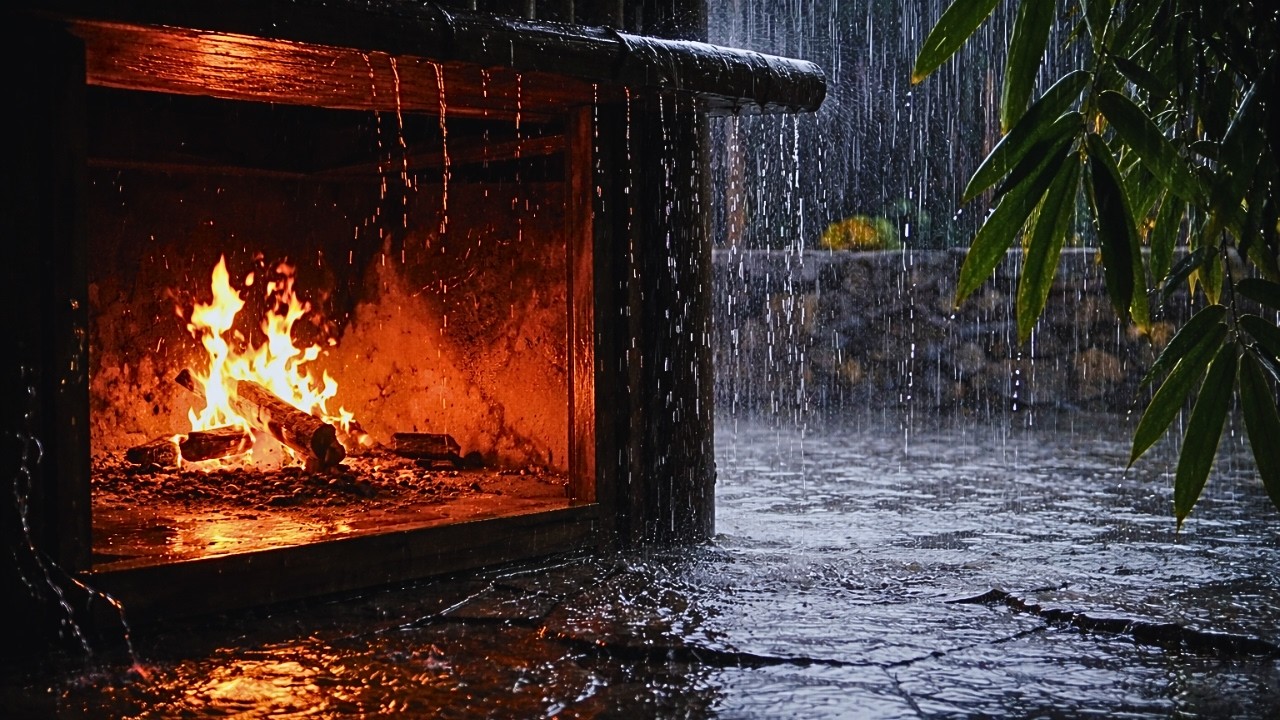 Gentle Rain Outside the Cabin Fireplace | Calm Rain Sounds for Sleep, Deep Sleep, Relaxation & Study