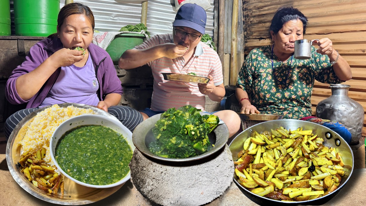 Village Style Green Nettle Curry with Rice | Nepali Style Cooking & Eating | Beautiful Happy Family