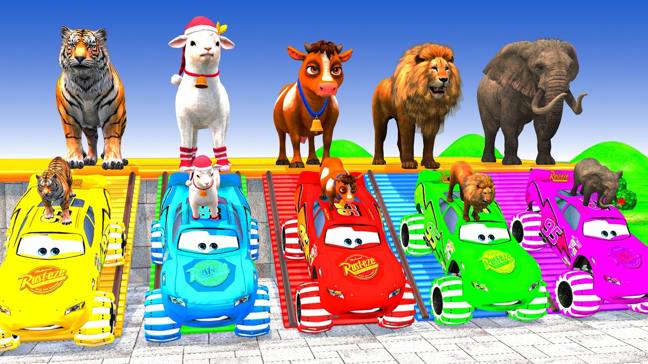 Long Slide Game With Cow Elephant Gorilla Hippopotamus Tiger - 3d Animal Game - Funny 3d Animals