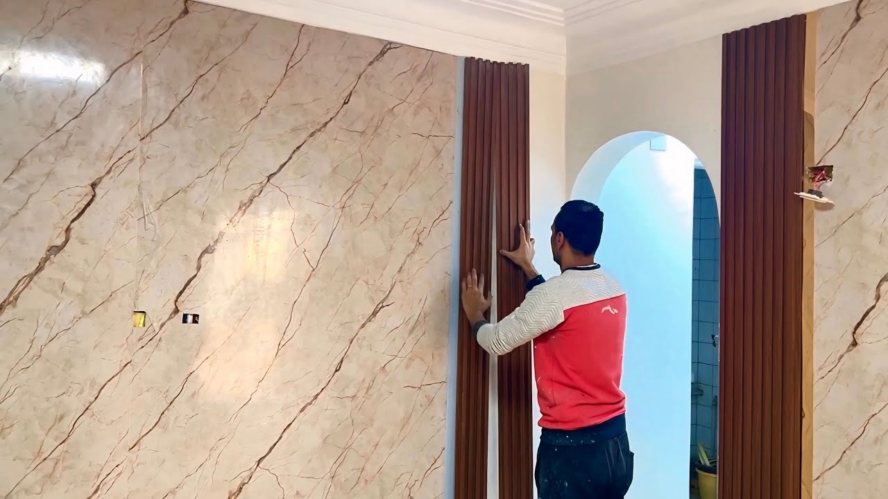 Modern Wall Decor Idea | Marble Panels + Wood Panels with Gold Trim