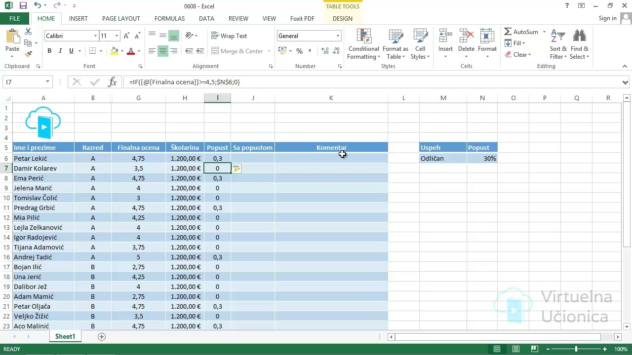 Upotreba funkcije uslovnosti IF - Kurs Excel 2013