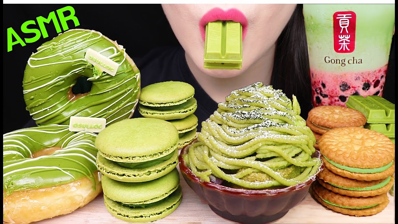ASMR GREEN TEA MONTBLANC, BOBA BUBBLE TEA, MACARON 그린티 몽블랑 케이크, 버블티, 마카롱 먹방 EATING SOUNDS