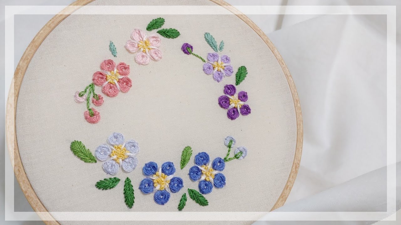 [프랑스 자수] 물망초 자수 Forget-me-not Embroidery / 우븐오벌 스티치 Woven oval stitch/ 도안제공 free pattern
