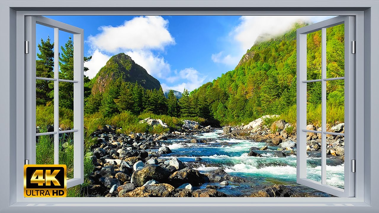 4K river in the mountains window view - Relaxing, Calming, Ambience, white noise (ASMR)