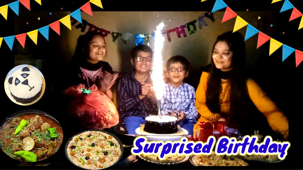 Surprised Birthday Party For Brother's 🎁🥳🎂 | Chicken Tikka Pizza | Chicken Karahi | Panda Cake