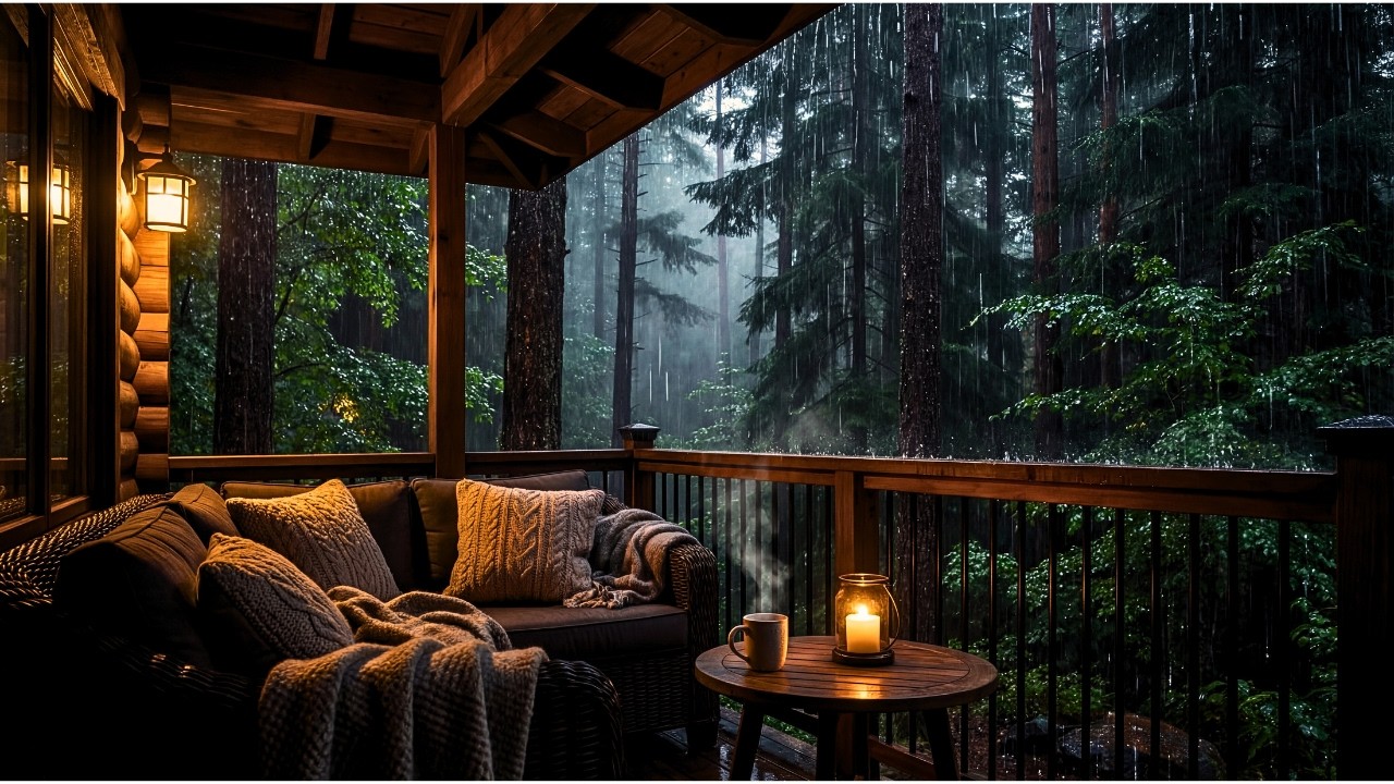 Heavy Rain in Forest 🌧️ Cozy Wooden Cabin Terrace for Sleep & Relaxation