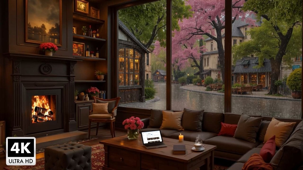 Beautifully Relaxing Cafe Space on a Rainy Day ~ Jazz Piano Music and Rain Sounds for Study, Work
