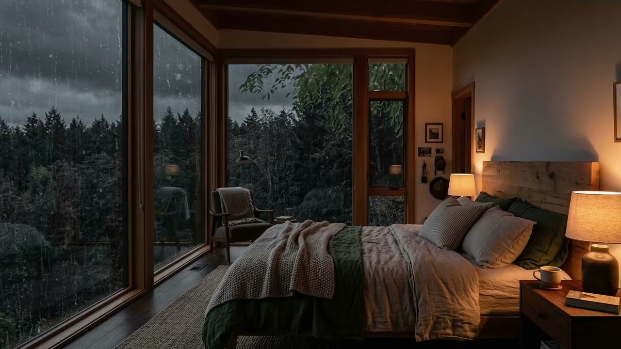 Steady Rain 🌧️ Outside A Cozy Bedroom Window As Tall Forest Trees 🌲 Sway In The Breeze
