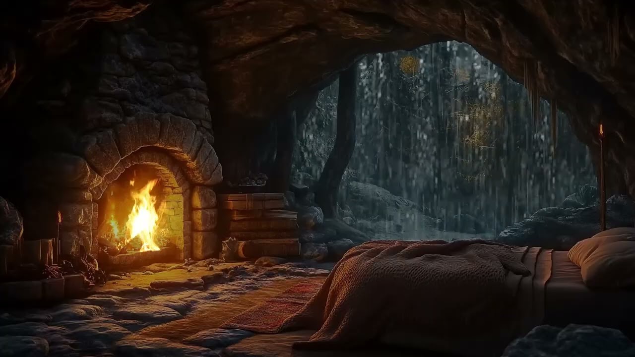 Rainy Night in a Forest Cave with Fireplace Sounds for Stress Relief and Deep Sleep