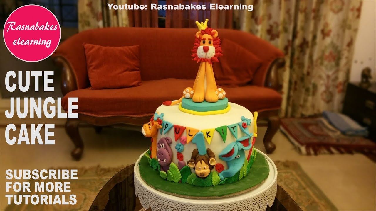 Cute cool wild zoo jungle animals 3d fondant first birthday cake for kids decorating classes video
