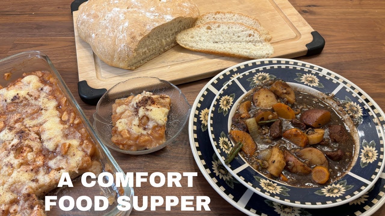 BEEF & BARLEY STEW, NO KNEAD ARTISAN BREAD & FRESH APPLE COBBLER