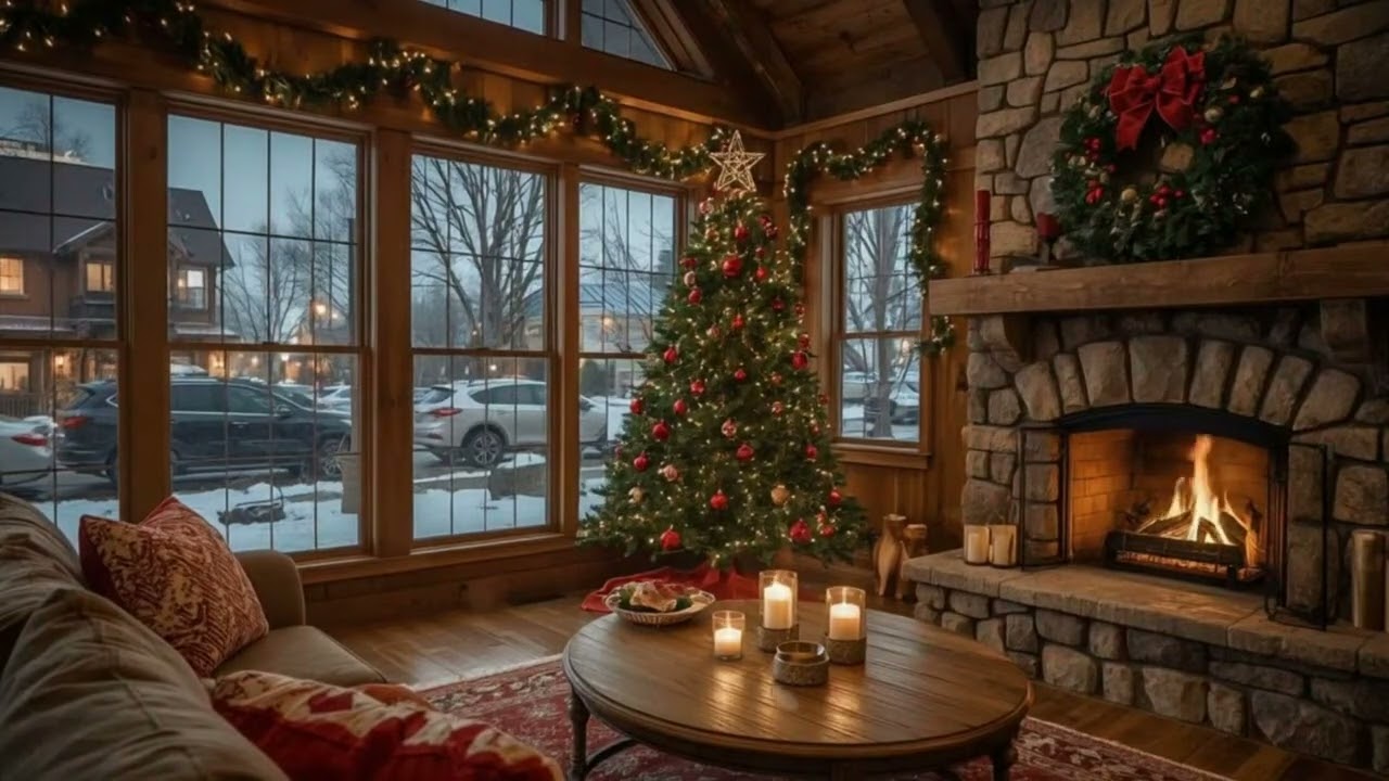Relaxing Winter Snowfall with Soft Jazz Music on Cozy Cabin Ambience ⛄ Fireplace Sounds